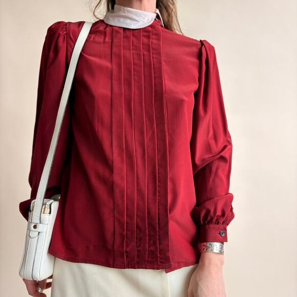 Albert Nipon Tops - Albert Nipon Claret Pintuck Blouse - Peter Pan Collar, Puff Sleeves, Size 4